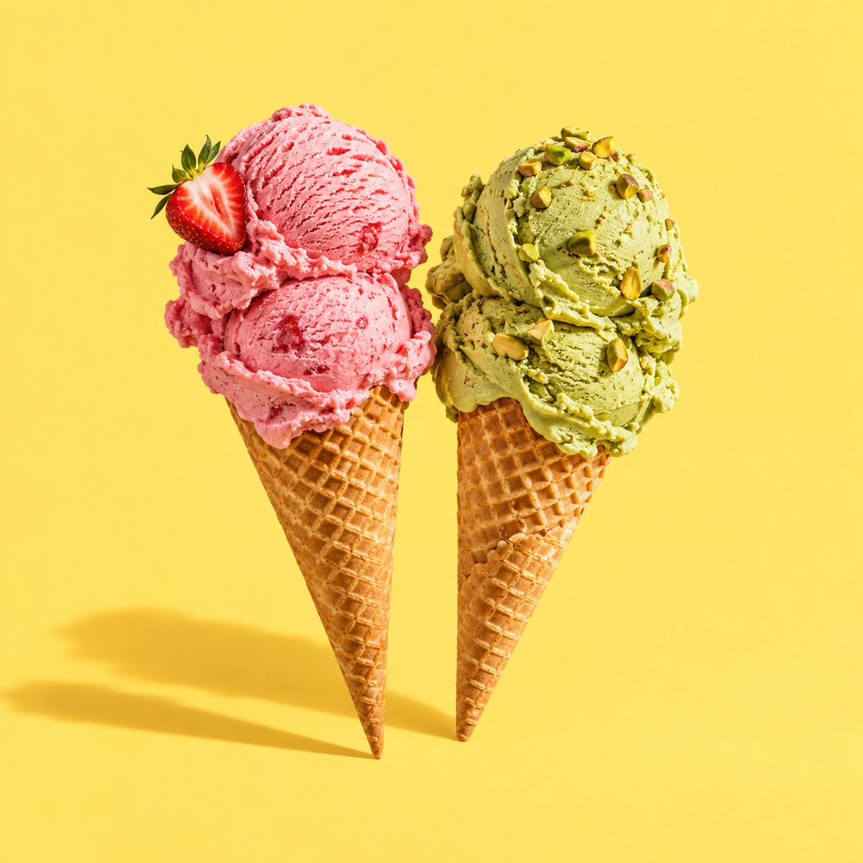 Playful illustration of strawberry and pistachio gelato in golden waffle cones